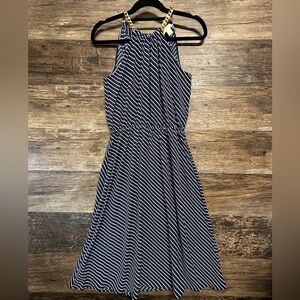 Michael Kors Blue and White Striped Sleeveless Halter Sundress Gold Accent